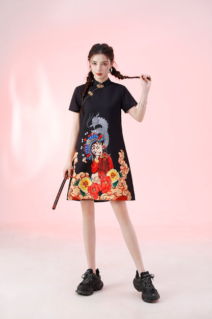 Women's Chinese Cheongsam Print Mini Dress