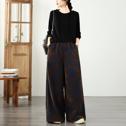 Vintage Floral Denim Wide-Leg Pants | Dark Indigo & Elastic Waist