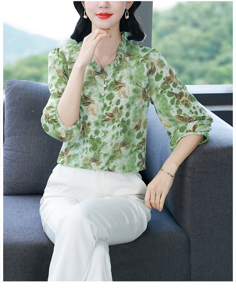 Women's Floral Print Ruffle Button Loose Blouses Top