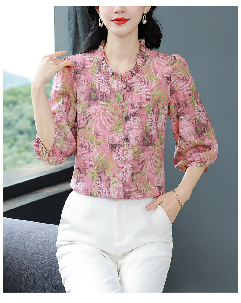 Women's Floral Print Ruffle Button Loose Blouses Top