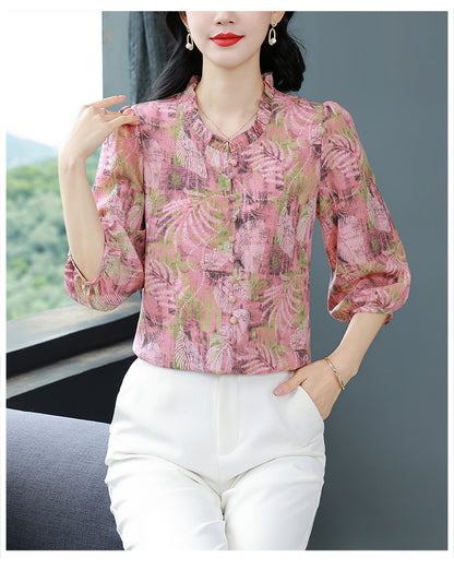 Women's Floral Print Ruffle Button Loose Blouses Top