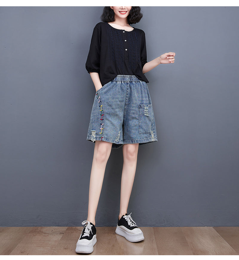 Women's Baggy Pull On Jeans Ripped Denim Shorts - LAI MENG FIVE CATS
