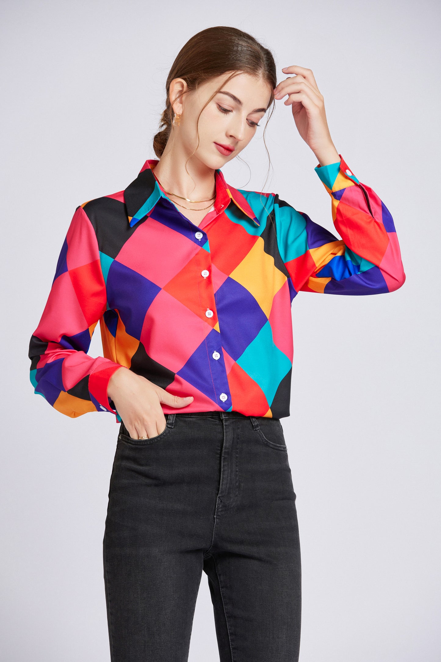 ESY-Women's Shirt Print Long Sleeve Button Blouse