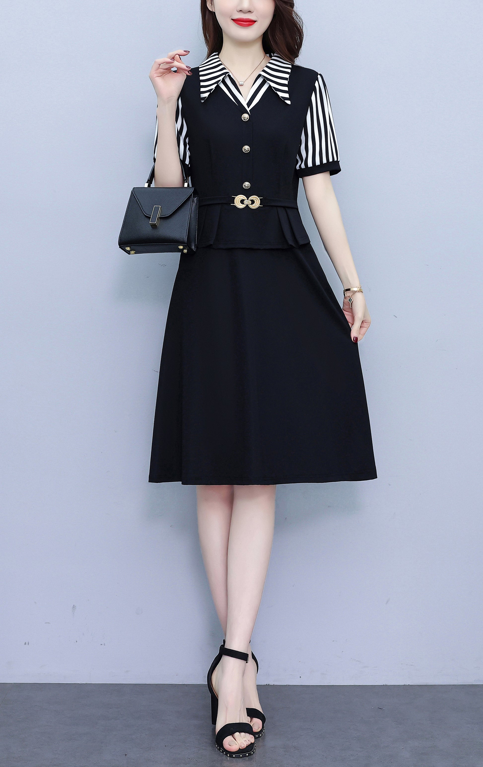 Women's Lapel V-Neck Pocket Short Sleeve Midi Dress - LAI MENG FIVE CATS