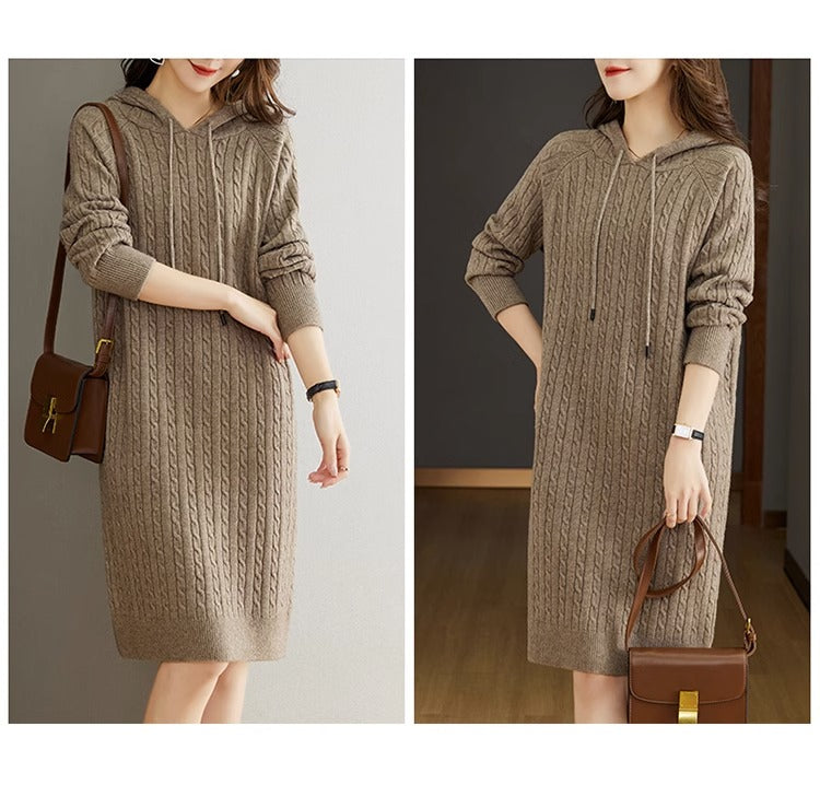 Women's Cable Knit Sweater Hoodie Midi Dress