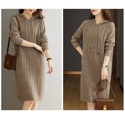 Women's Cable Knit Sweater Hoodie Midi Dress
