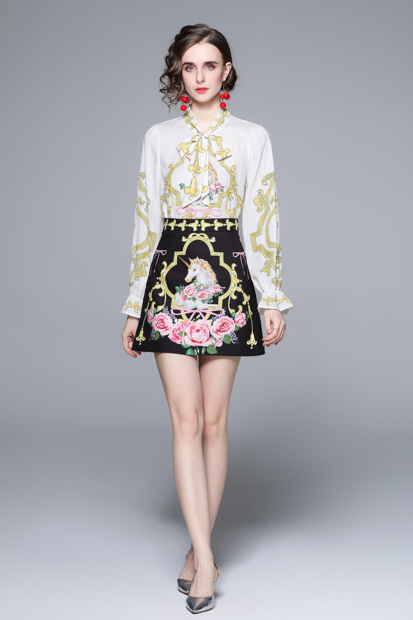 SSY-Women's 2 Piece Skirt Set Floral Tie V-neck Mini Dress