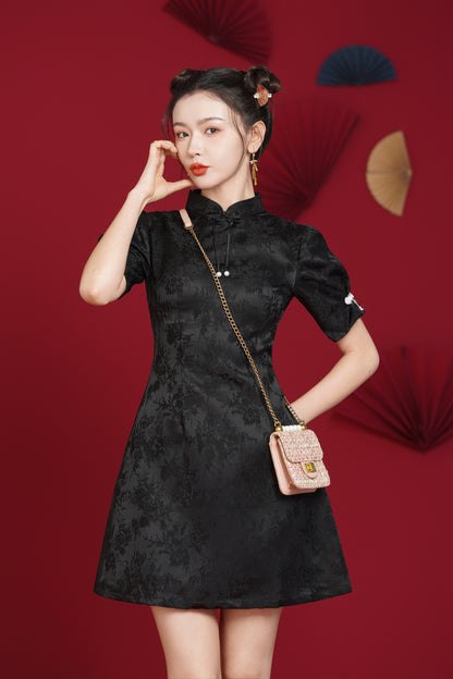 Women's Chinese Cheongsam Print Side Slit Mini Dress