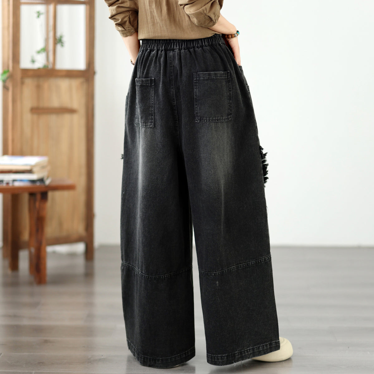 Vintage Denim Wide Leg Pants - Women's Patchwork Jeans Trousers