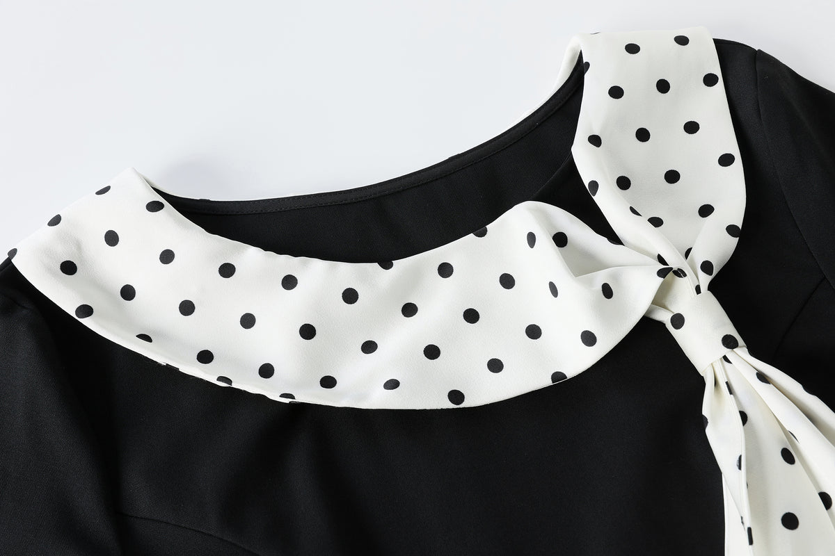 28696 Polka Dot Collar Black Maxi Dress – Elegant Holiday & Dinner Style