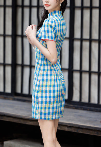 Blue Gingham Cheongsam Short Sleeve Plaid Qipao Mini Dress