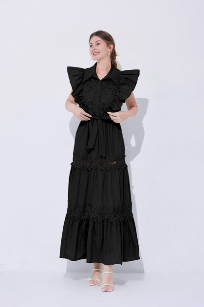 Women's Sleeveless Ruffles Lace Button  Mixi Dress