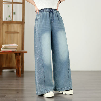 Women's Wide Leg Jeans Elastic Waist  Casual Loose Curved Pants - LAI MENG FIVE CATS