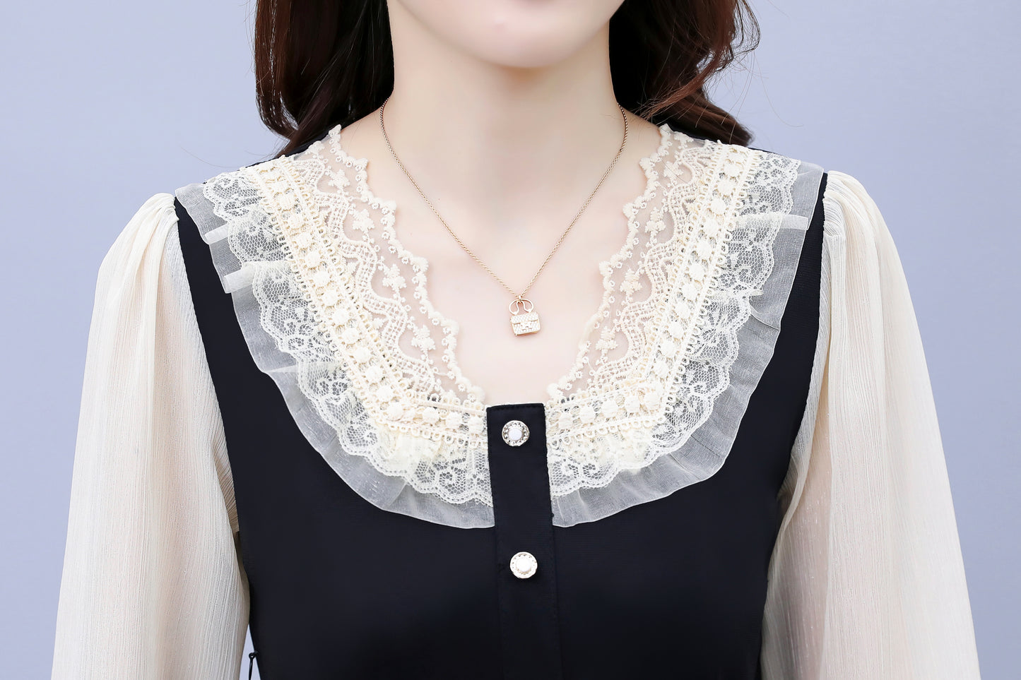 Women's V-neck Long Sleeve Patchwork Black Dress - LAI MENG FIVE CATS