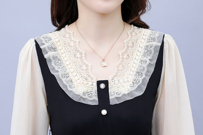 Women's V-neck Long Sleeve Patchwork Black Dress - LAI MENG FIVE CATS