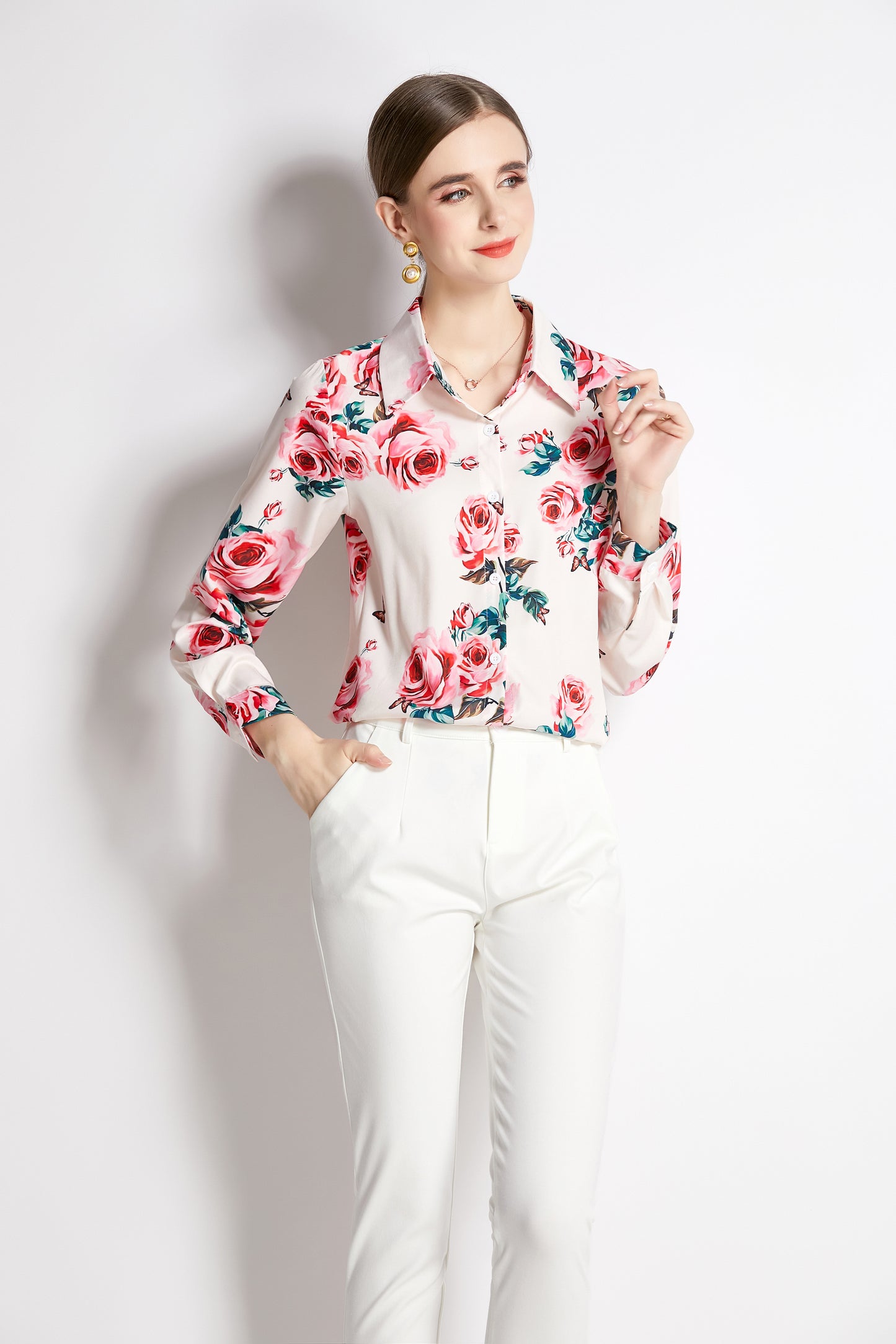 ESY-Women's Shirt Print Long Sleeve Button Blouse - LAI MENG FIVE CATS