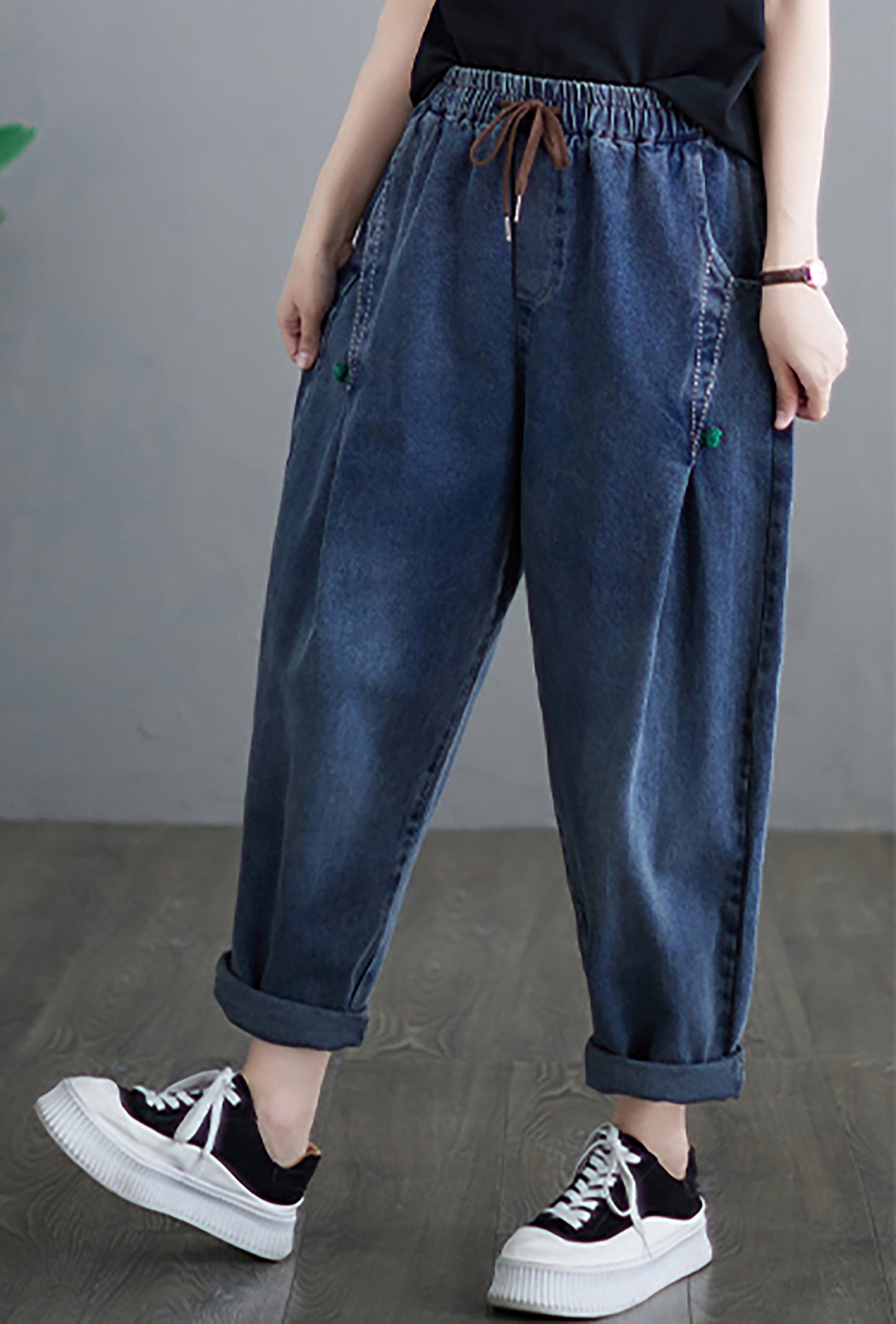 Women Loose Jeans Denim Harem Pants Elastic Waist