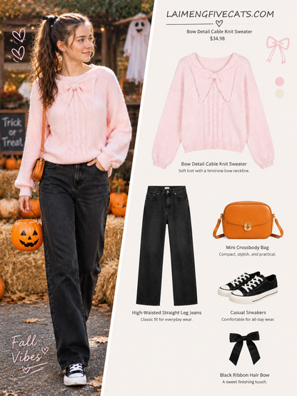 28731 Bow Detail Cable Knit Sweater – Pink & Apricot