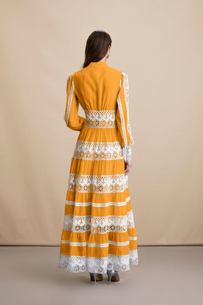 Women's V-Neck Smocked Lace Tiered Maxi Dress