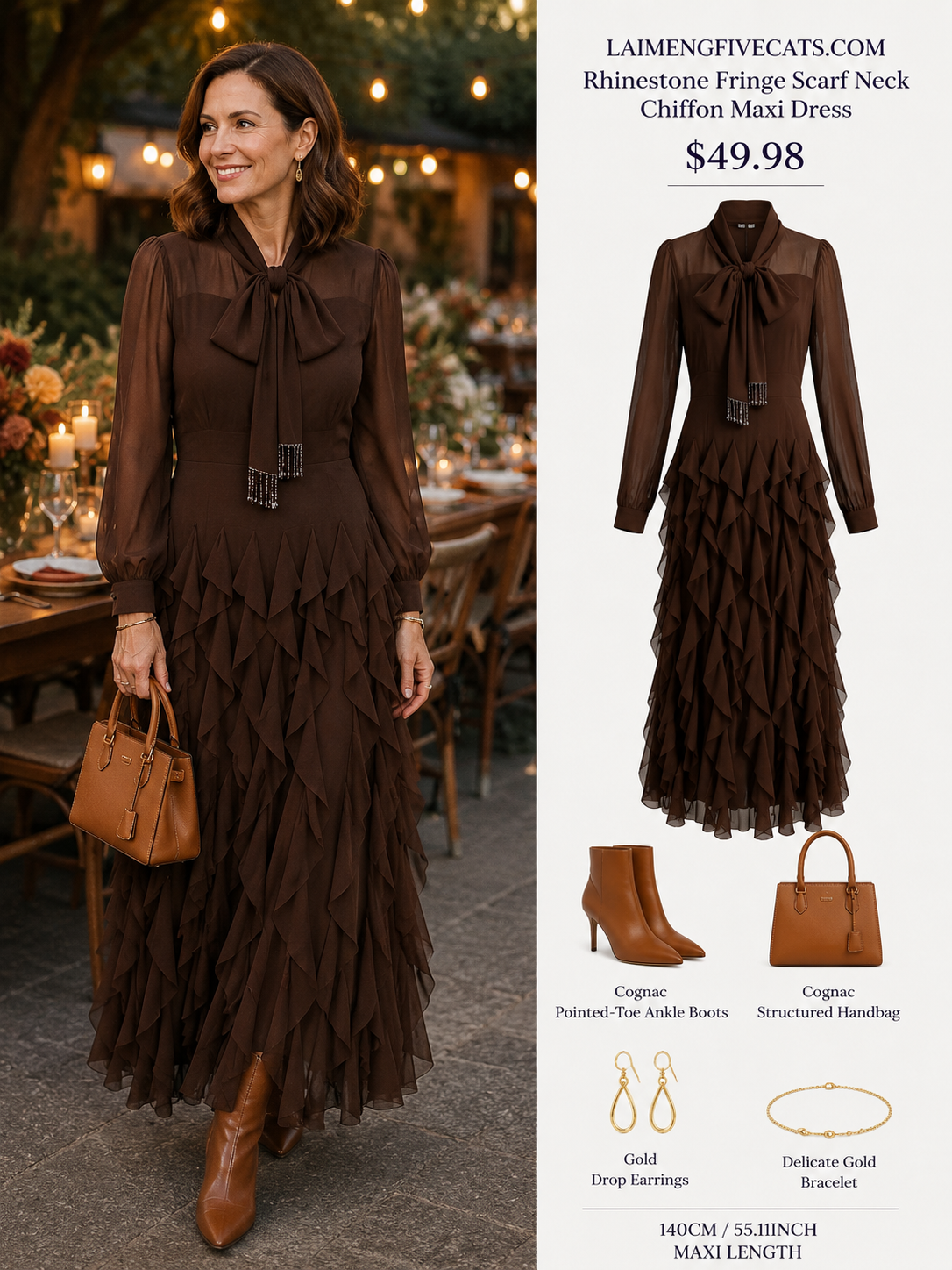Elegant Chiffon Maxi Dress with Scarf Neck & Rhinestone Fringe