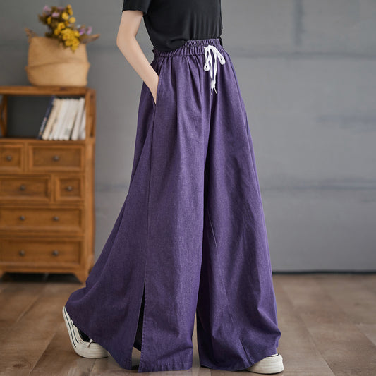 Women's Waisted Drawstring Side Slit Wide Leg Pants - LAI MENG FIVE CATS