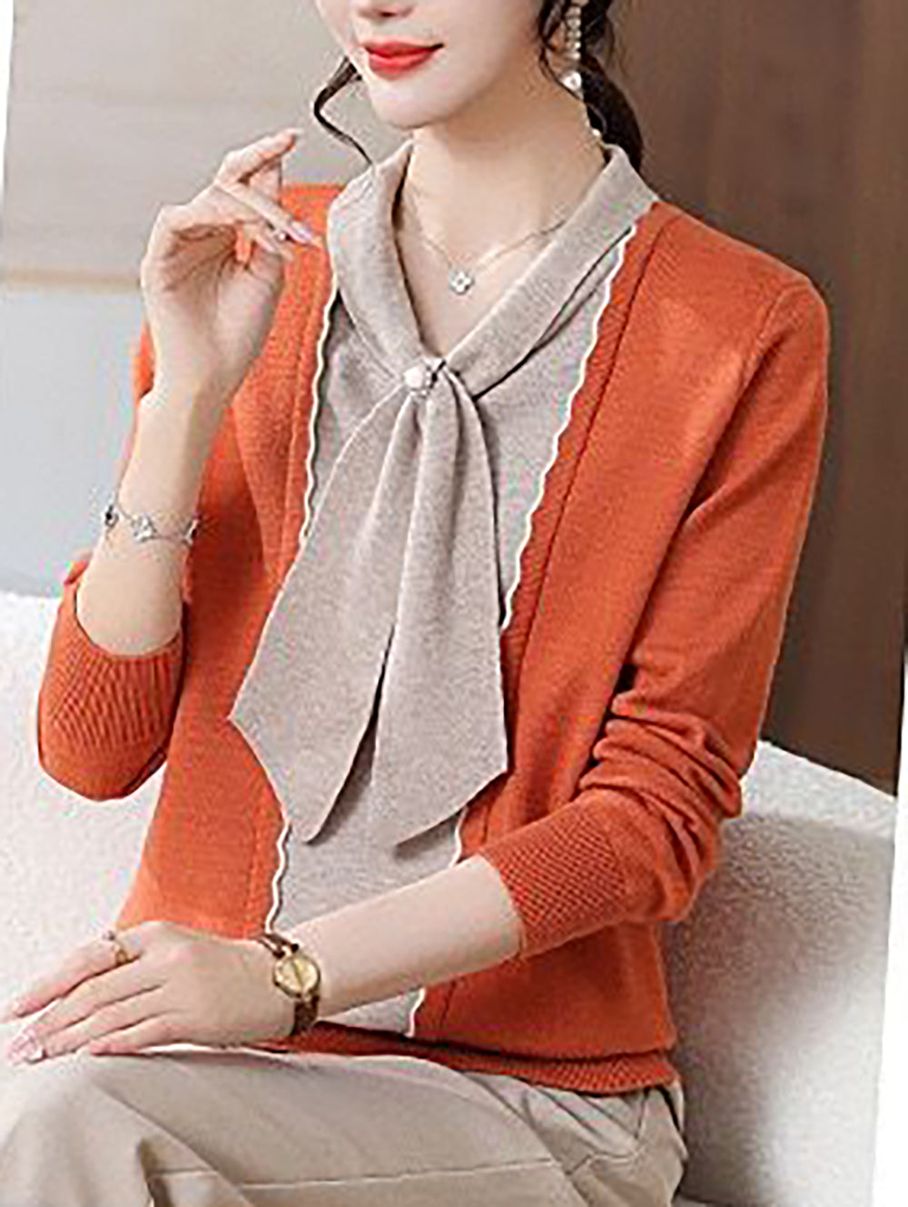 Women's Tie Neck Sweater Color Block Knit Pullover Tops