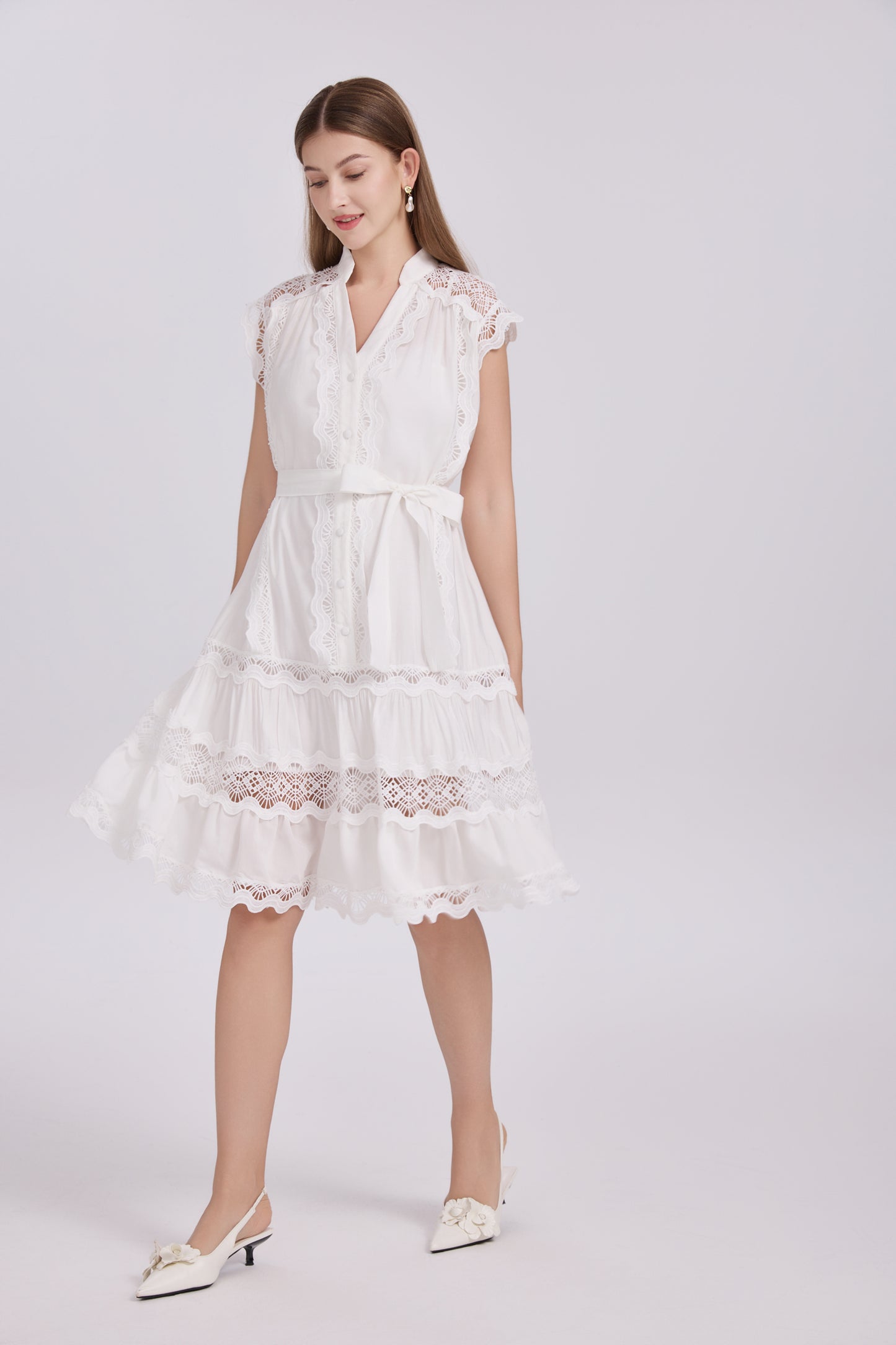 Women's Lace Sleeveless V-Neck Ruffle Midi Dress