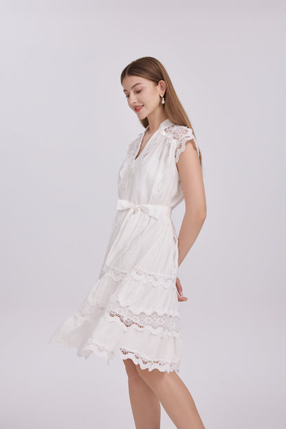 Women's Lace Sleeveless V-Neck Ruffle Midi Dress