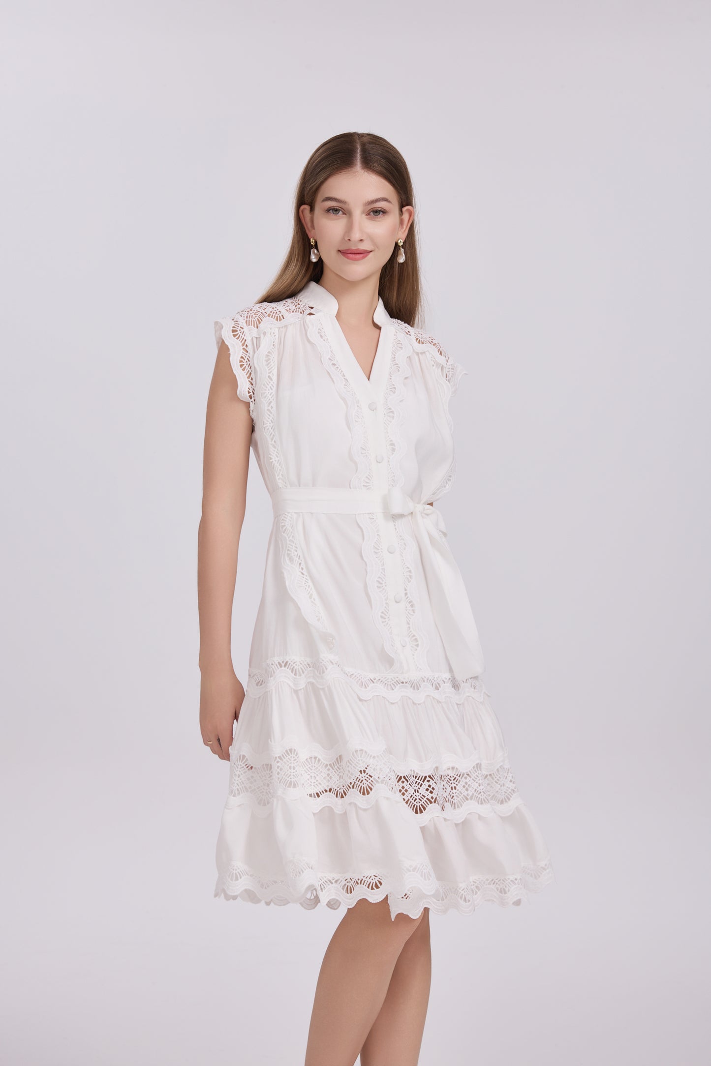 Women's Lace Sleeveless V-Neck Ruffle Midi Dress