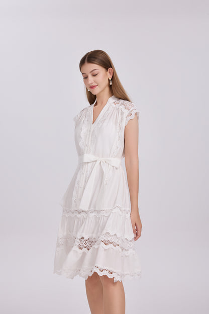Women's Lace Sleeveless V-Neck Ruffle Midi Dress