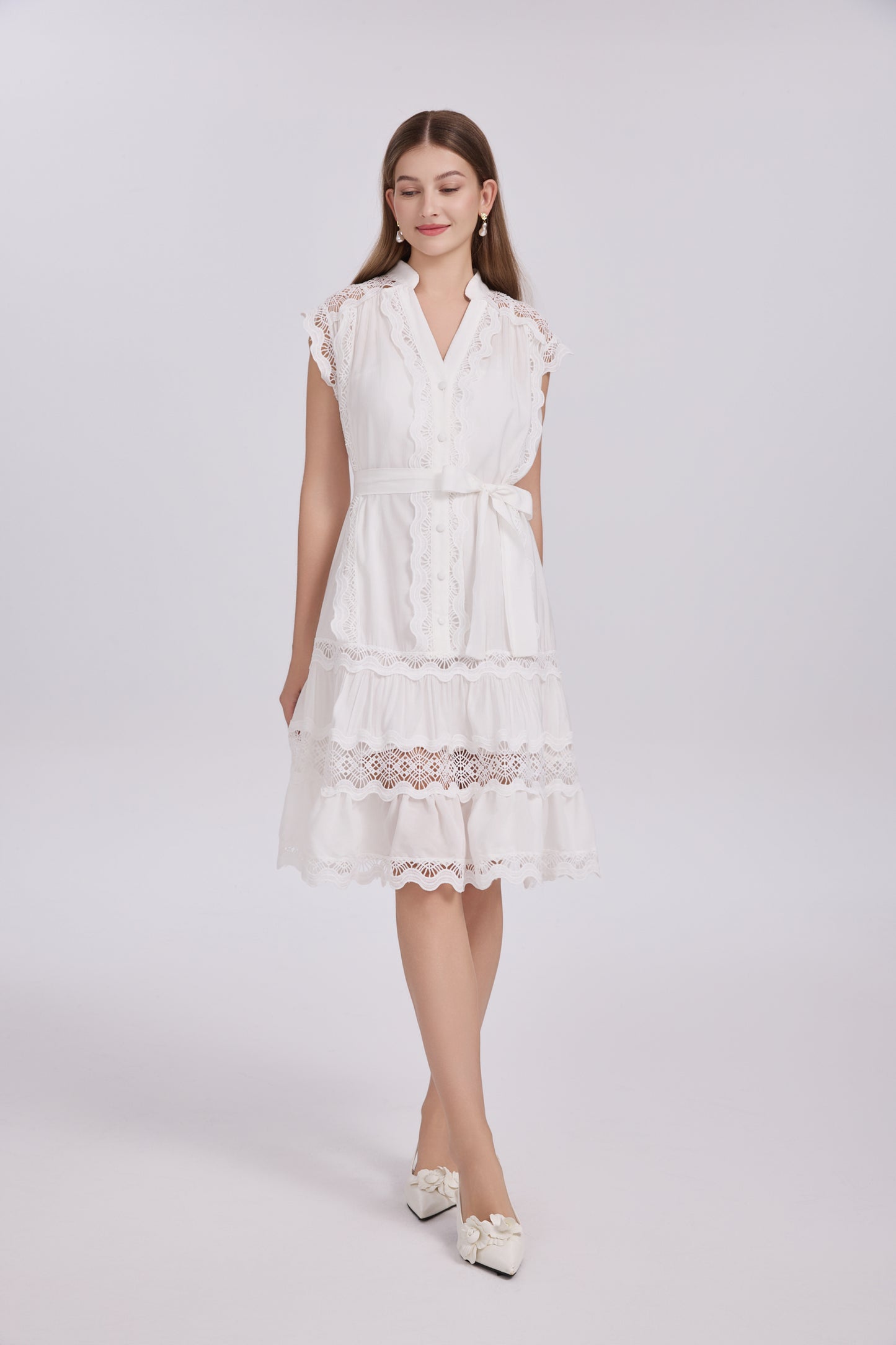Women's Lace Sleeveless V-Neck Ruffle Midi Dress