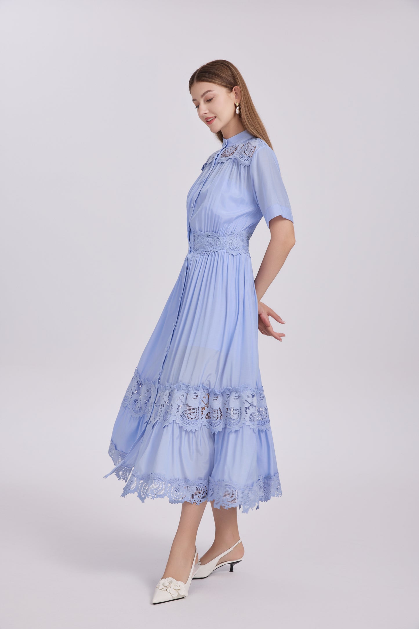 Women's Hollow-Out Lace Short Sleeve Pleats Maxi Dress