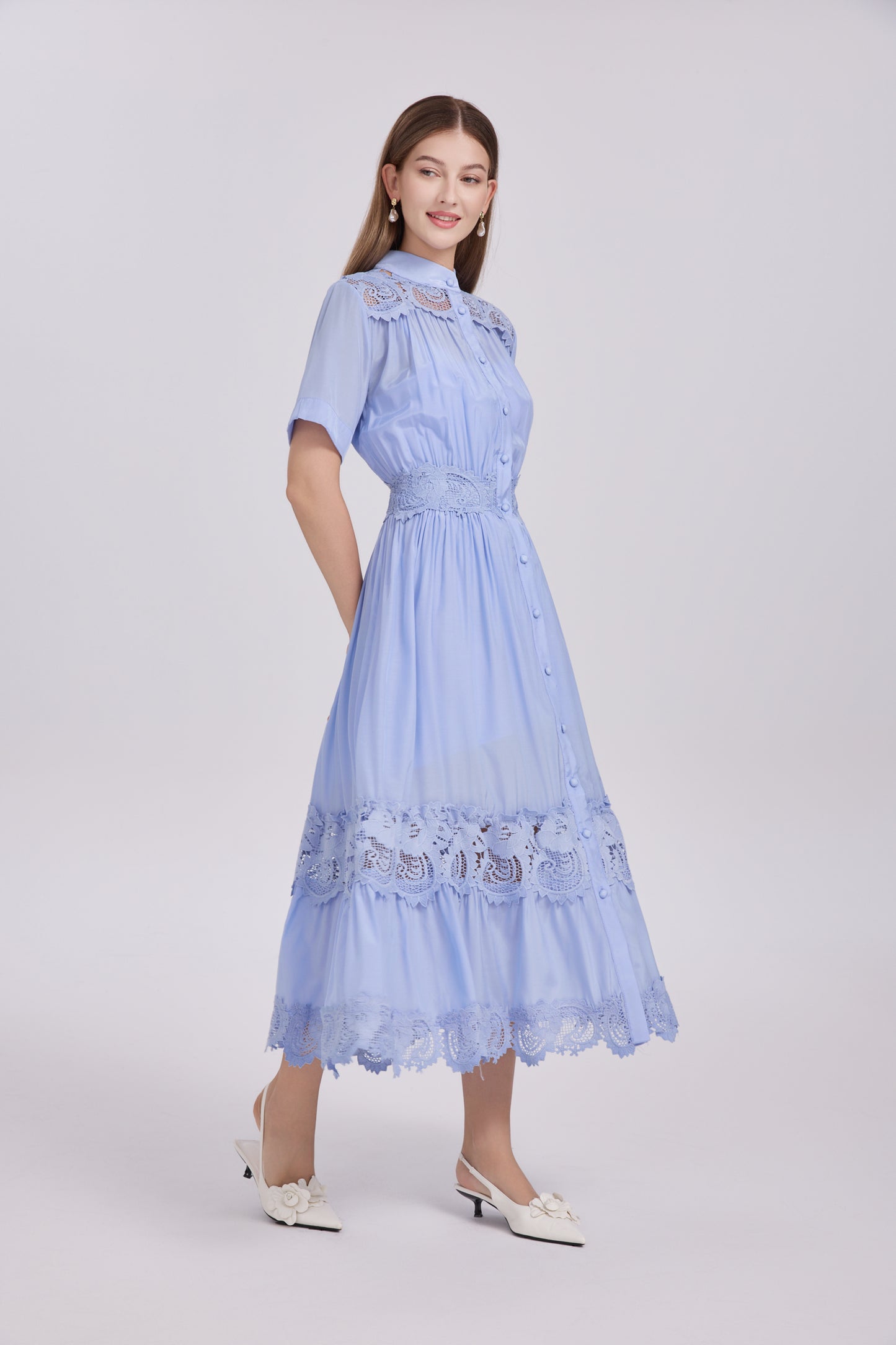 Women's Hollow-Out Lace Short Sleeve Pleats Maxi Dress