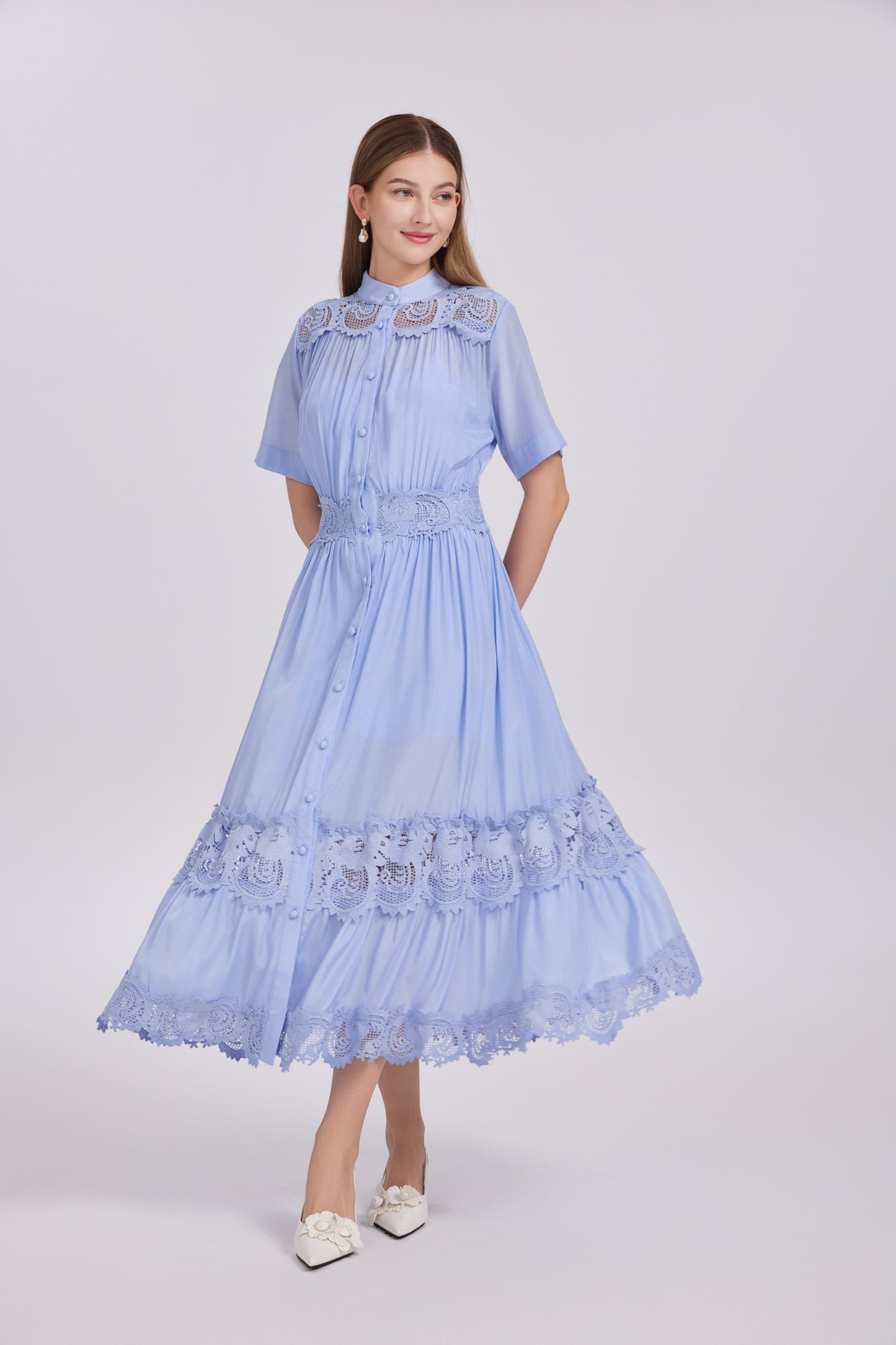 Women's Hollow-Out Lace Short Sleeve Pleats Maxi Dress