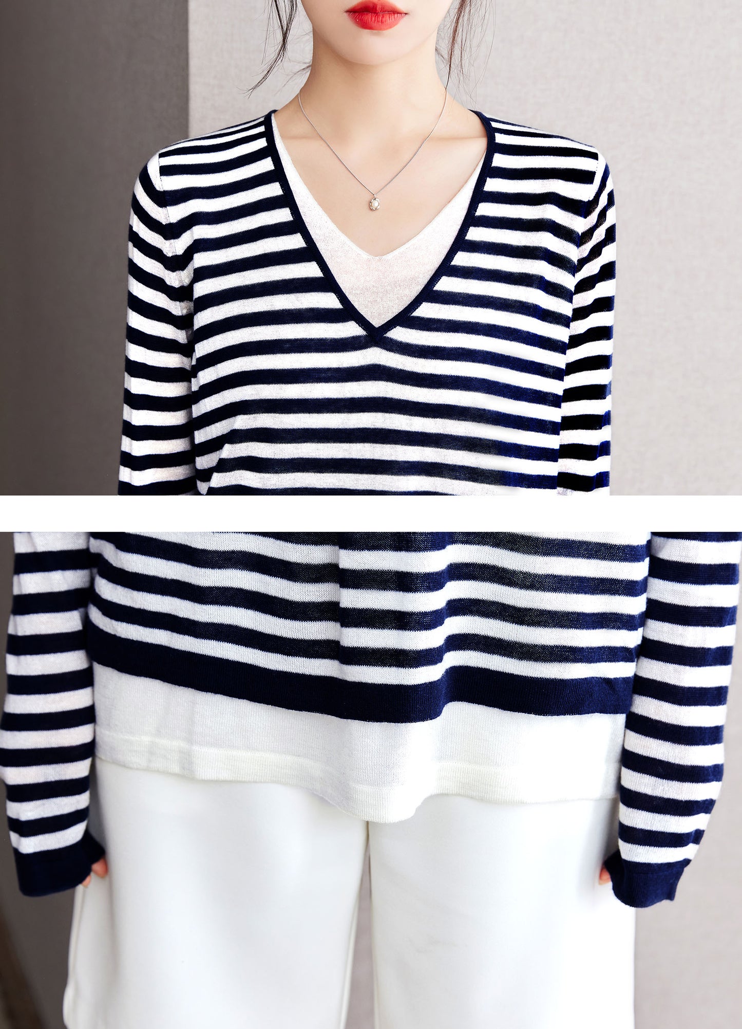 Striped Knit Sweater V Neck Casual Tunic T Shirts
