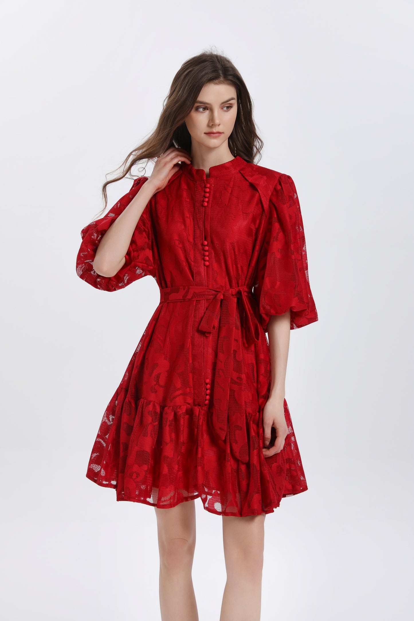 Elegant Loose Lace Mini Dress with Front Button Closure & Ruffle Hem - LAI MENG FIVE CATS