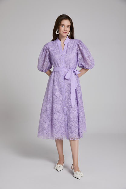 Women's Lace Embroidery Puff Sleeve Midi Dress