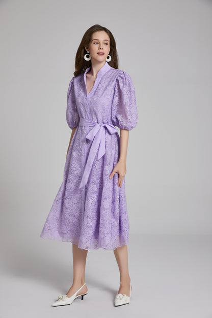 Women's Lace Embroidery Puff Sleeve Midi Dress