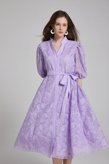 Women's Lace Embroidery Puff Sleeve Midi Dress