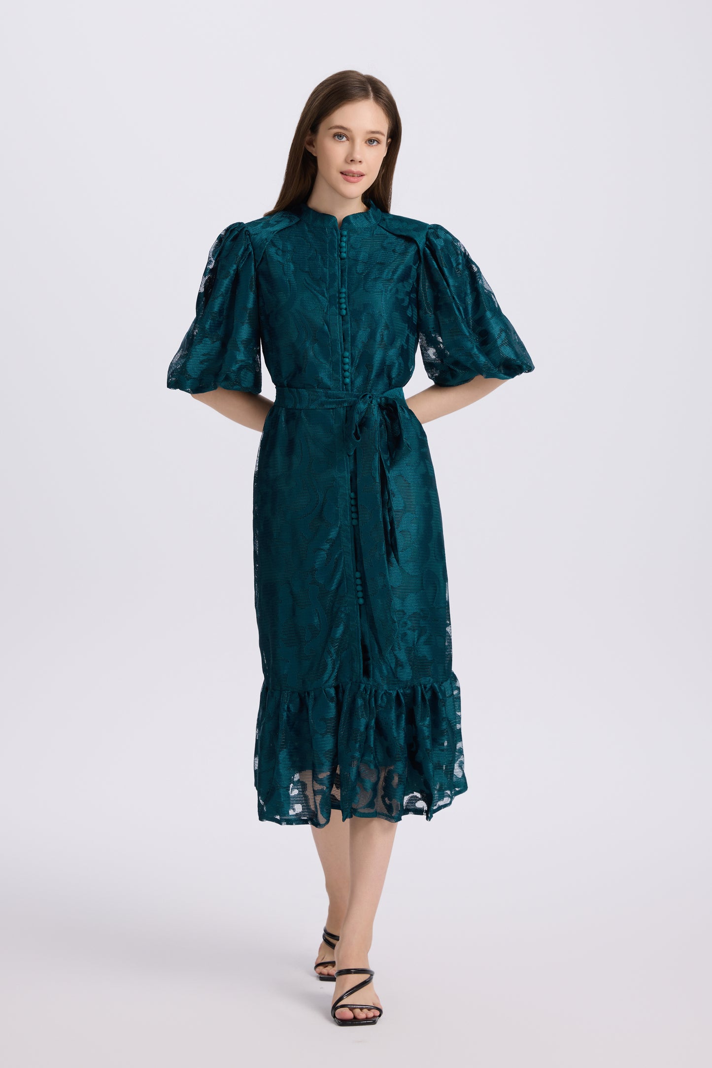 Green Lace Button Front Midi Dress | Elegant Garden Dress