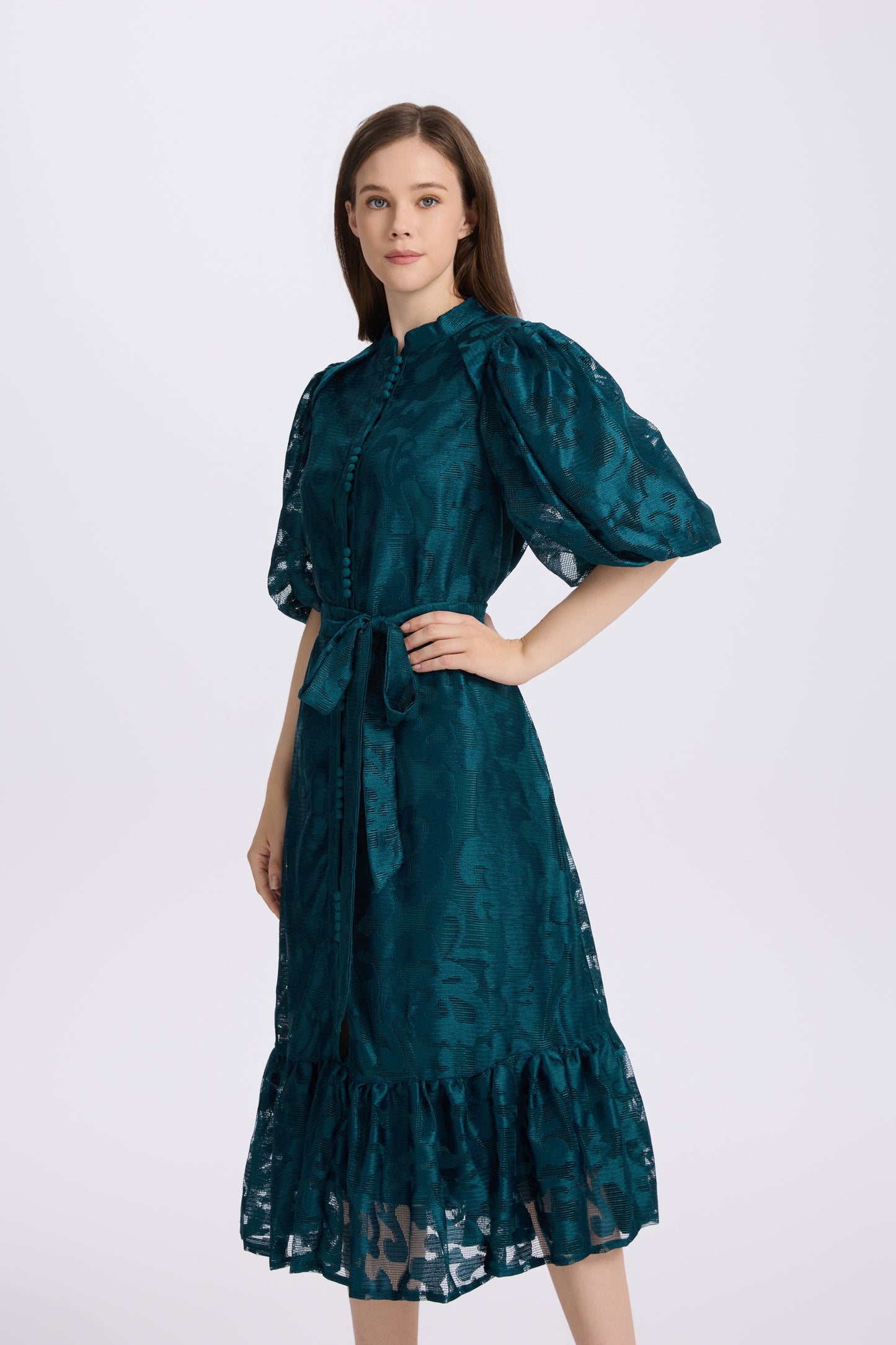 Green Lace Button Front Midi Dress | Elegant Garden Dress
