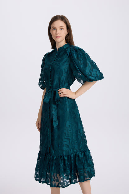 Green Lace Button Front Midi Dress | Elegant Garden Dress