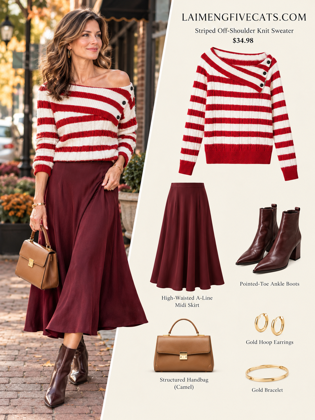 28684 Red & White Off-Shoulder Striped Knit Sweater