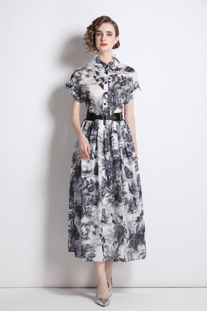 Women's Short Sleeves Collar Printed Midi Dress