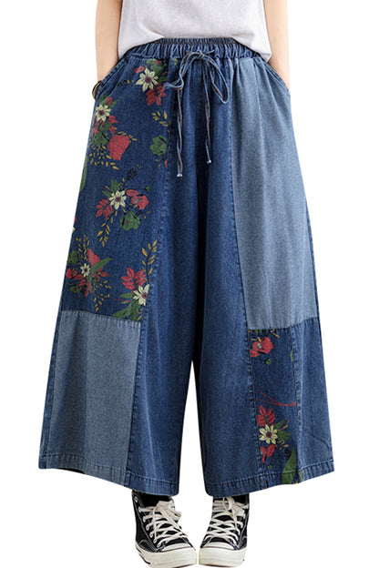 Women's Loose Elastic Waist Wide Leg Denim Pants