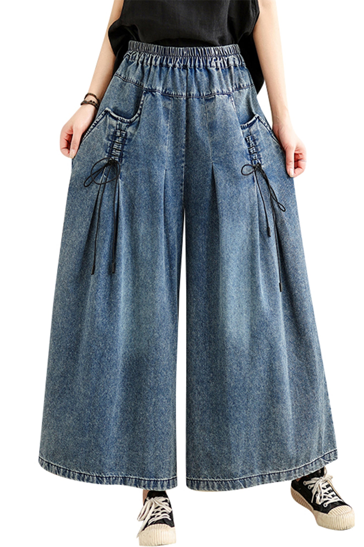 Women's Loose Elastic Waist Wide Leg Denim Pants