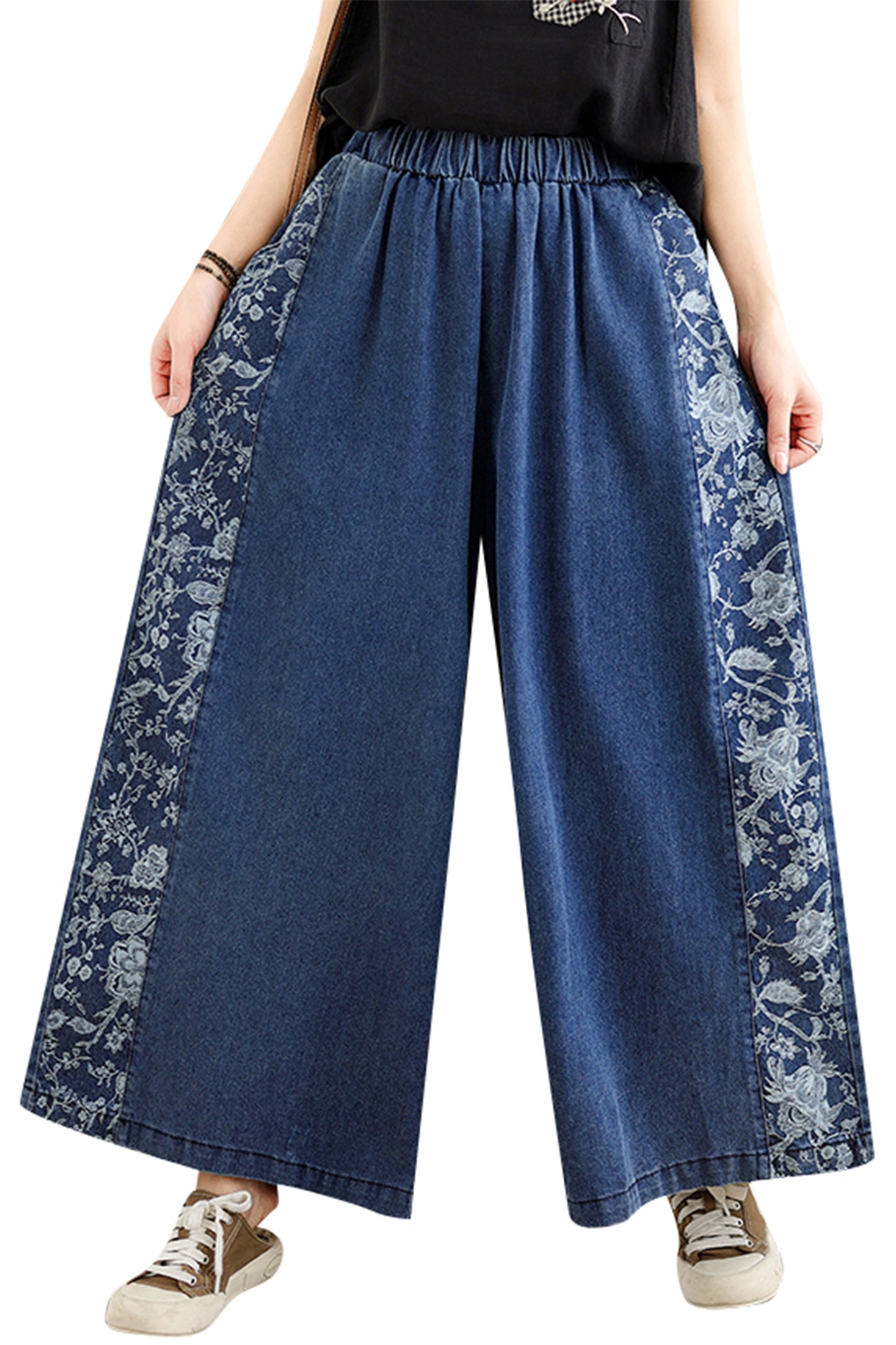 Women's Loose Elastic Waist Wide Leg Denim Pants