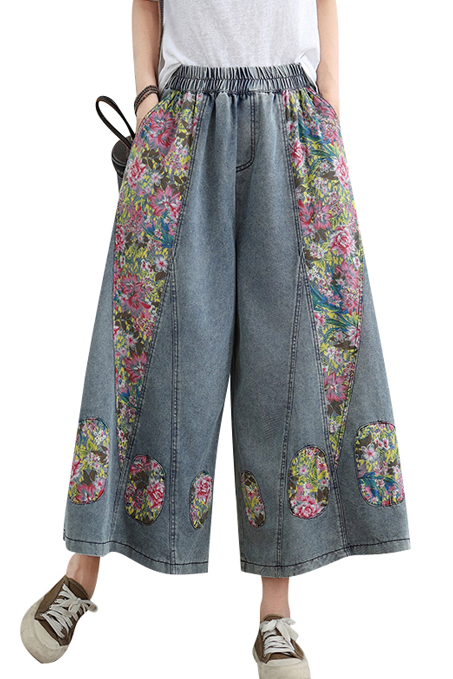 Women's Loose Elastic Waist Wide Leg Denim Pants With Double Pockets