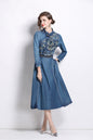 Women's vintage embroidered pocket denim midi dress