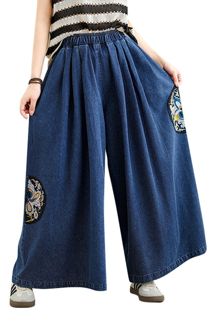 Women's Loose Elastic Waist Wide Embroidery Leg Denim Pants